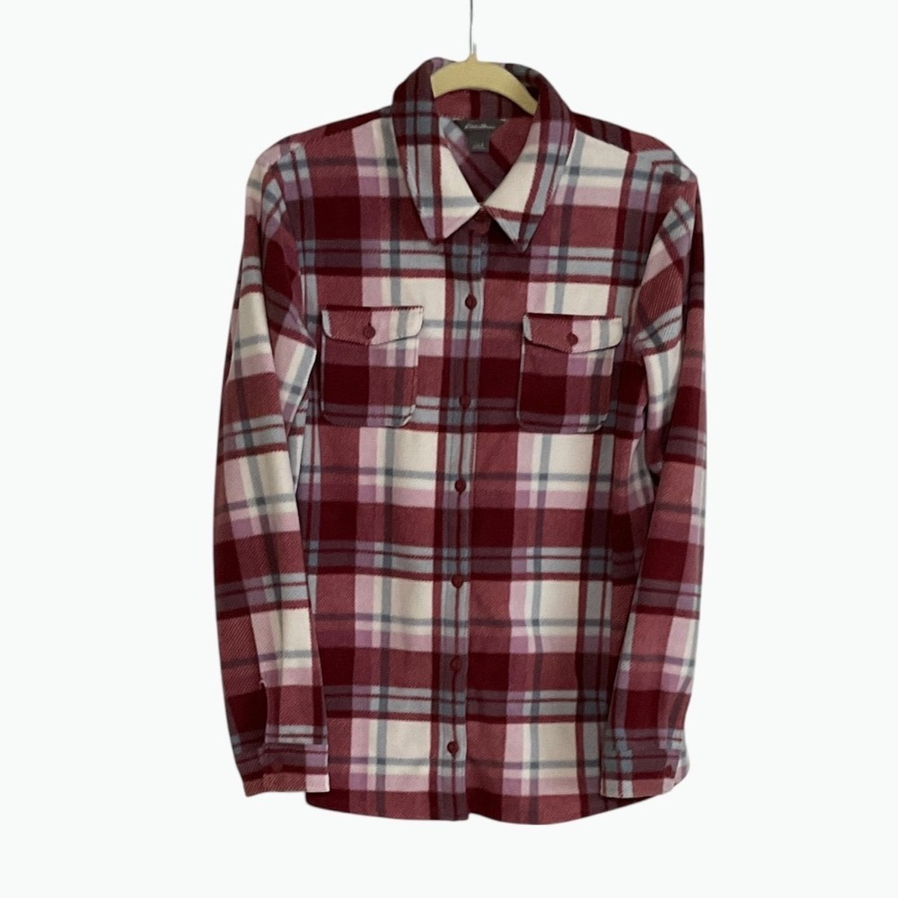 Eddie Bauer Womens Large Fleece Plaid Button Down Shirt Size L